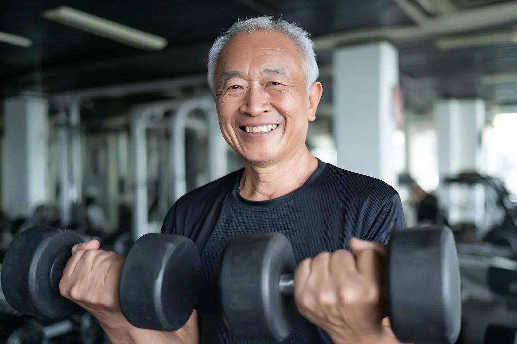 old, man, Asian, exercise, workout, weight, dumbbell, longevity